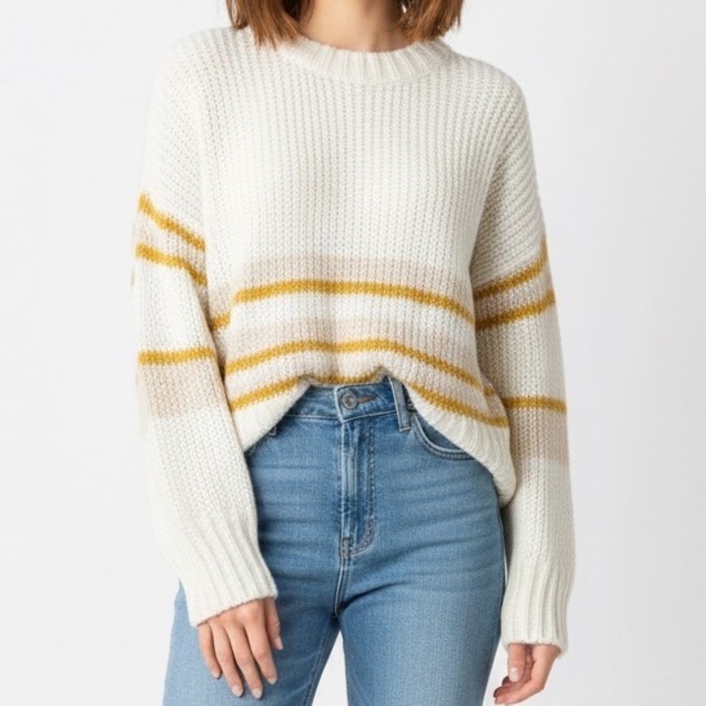 Leche‎ Cream Gold Striped Loose Knit Long Sleeve Sweater L Large Soft Preppy